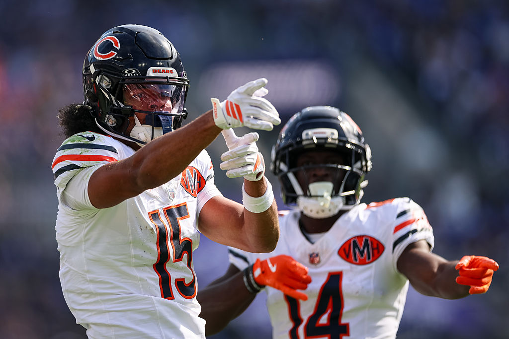 BALTIMORE, MD - OCTOBER 26: Rome Odunze #15 of the Chicago Bears celebrates with Olamide Zaccheaus #14 after a play against the Baltimore Ravens during the first half at M&T Bank Stadium on October 26, 2025 in Baltimore, Maryland. (Photo by Scott Taetsch/Getty Images)