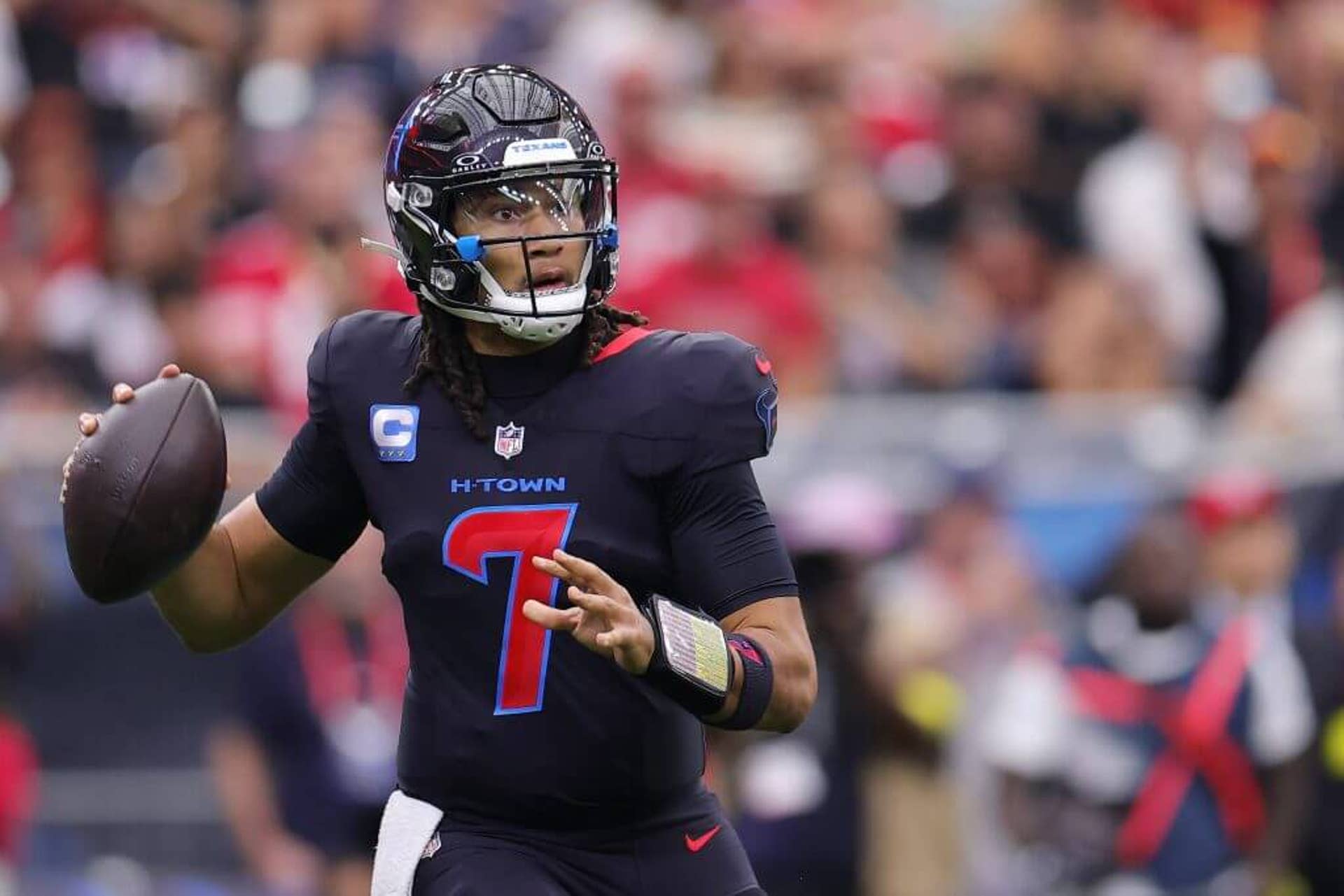 C.J. Stroud holds the football during a recent game.