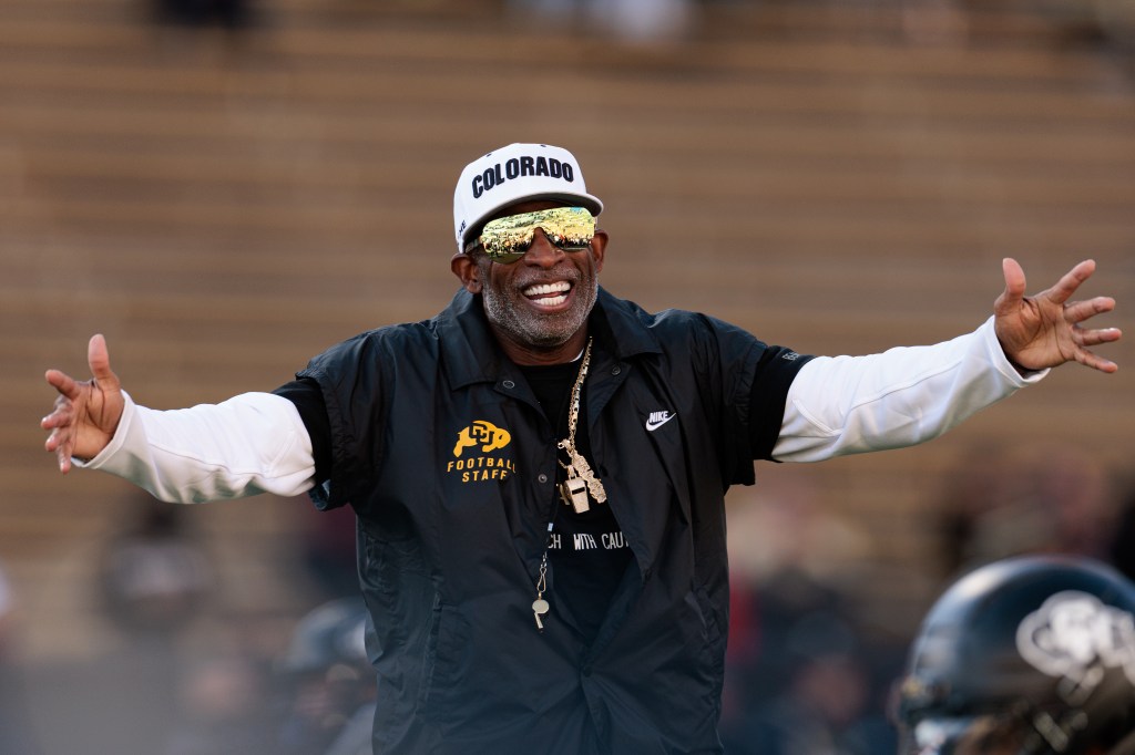 Deion "Coach Prime" Sanders of the Colorado Buffaloes reacts on the field prior to the game against the Arizona Wildcats at Folsom Field on November 01, 2025 in Boulder, Colorado.