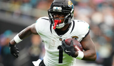 LAS VEGAS, NEVADA - NOVEMBER 02: Travis Etienne #1 of the Jacksonville Jaguars runs with the ball during the first quarter of the game against the Las Vegas Raiders at Allegiant Stadium on November 02, 2025 in Las Vegas, Nevada. (Photo by Chris Unger/Getty Images)