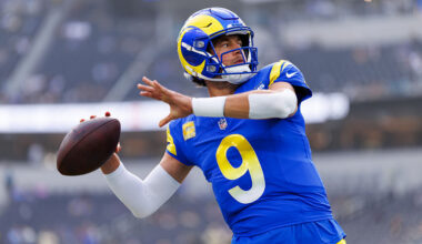 INGLEWOOD, CALIFORNIA - NOVEMBER 02: Matthew Stafford #9 of the Los Angeles Rams warms up prior to an NFL football game against the New Orleans Saints at SoFi Stadium on November 02, 2025 in Inglewood, California. (Photo by Brooke Sutton/Getty Images)