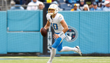 NASHVILLE, TENNESSEE - NOVEMBER 02: Justin Herbert #10 of the Los Angeles Chargers runs the ball during the third quarter of the game against the Tennessee Titans at Nissan Stadium on November 02, 2025 in Nashville, Tennessee. (Photo by Johnnie Izquierdo/Getty Images)