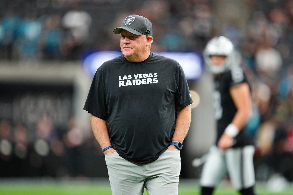 Offensive coordinator Chip Kelly of the Las Vegas Raiders walks on the field before a game against the Jacksonville Jaguars at Allegiant Stadium on November 02, 2025 in Las Vegas, Nevada. 