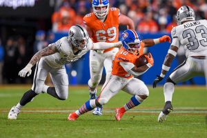 DENVER, CO - NOVEMBER 06: RJ Harvey #12 of the Denver Broncos, runs the ball during a game between the Las Vegas Raiders and the Denver Broncos at Empower Field at Mile High in Denver, CO on November 06, 2025. (Photo by Kevin Langley/Icon Sportswire via Getty Images)
