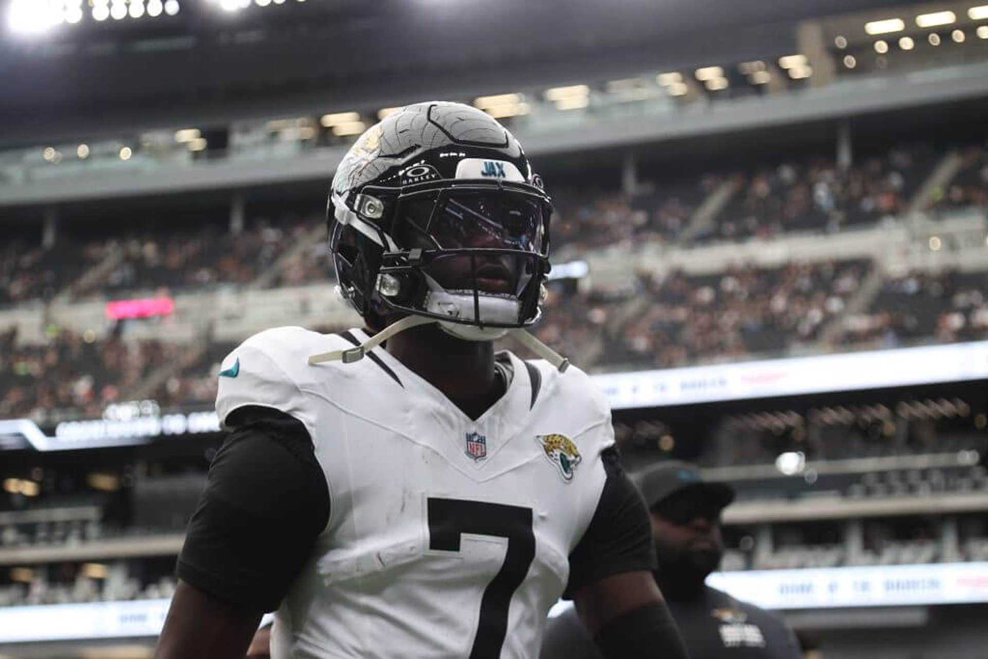 Brian Thomas Jr. of the Jacksonville Jaguars looks on in the game against the Las Vegas Raiders at Allegiant Stadium