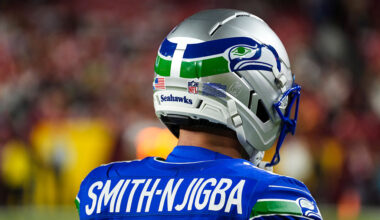 LANDOVER, MARYLAND - NOVEMBER 02: Jaxon Smith-Njigba #11 of the Seattle Seahawks warms up prior to an NFL football game against the Washington Commanders at Northwest Stadium on November 2, 2025 in Landover, Maryland. (Photo by Perry Knotts/Getty Images)