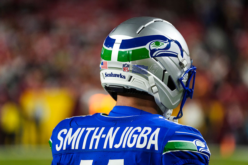 LANDOVER, MARYLAND - NOVEMBER 02: Jaxon Smith-Njigba #11 of the Seattle Seahawks warms up prior to an NFL football game against the Washington Commanders at Northwest Stadium on November 2, 2025 in Landover, Maryland. (Photo by Perry Knotts/Getty Images)