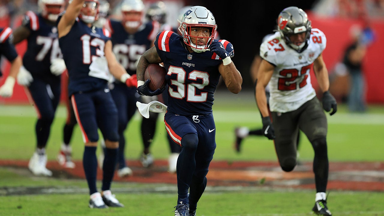 Treveyon Henderson #32 of the New England Patriots runs the ball for a touchdown against the Tampa Bay Buccaneers. (Mike Carlson/Getty Images)