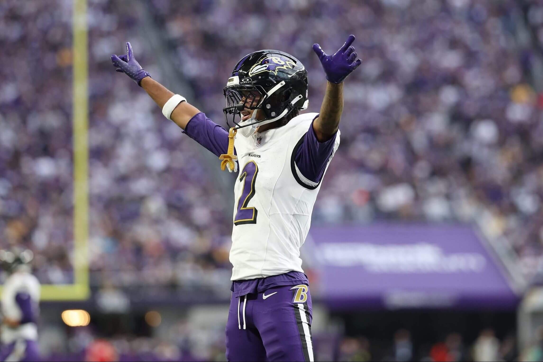 Nate Wiggins #2 of the Baltimore Ravens celebrates after a play against the Minnesota Vikings during their game Sunday at U.S. Bank Stadium.