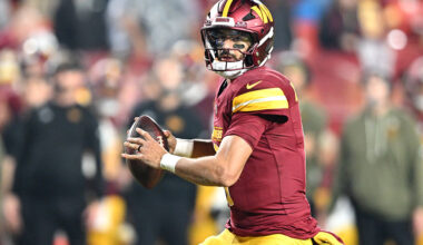 LANDOVER, MARYLAND - NOVEMBER 09: Marcus Mariota #8 of the Washington Commanders in action against the Detroit Lions at Northwest Stadium on November 09, 2025 in Landover, Maryland. (Photo by Greg Fiume/Getty Images)
