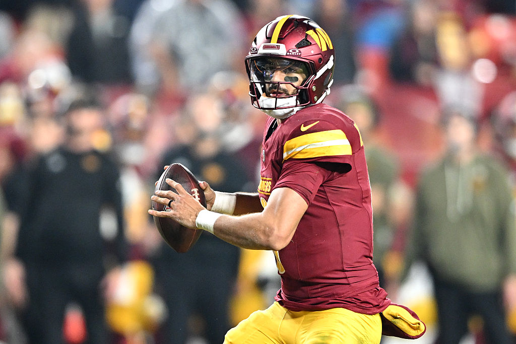 LANDOVER, MARYLAND - NOVEMBER 09: Marcus Mariota #8 of the Washington Commanders in action against the Detroit Lions at Northwest Stadium on November 09, 2025 in Landover, Maryland. (Photo by Greg Fiume/Getty Images)