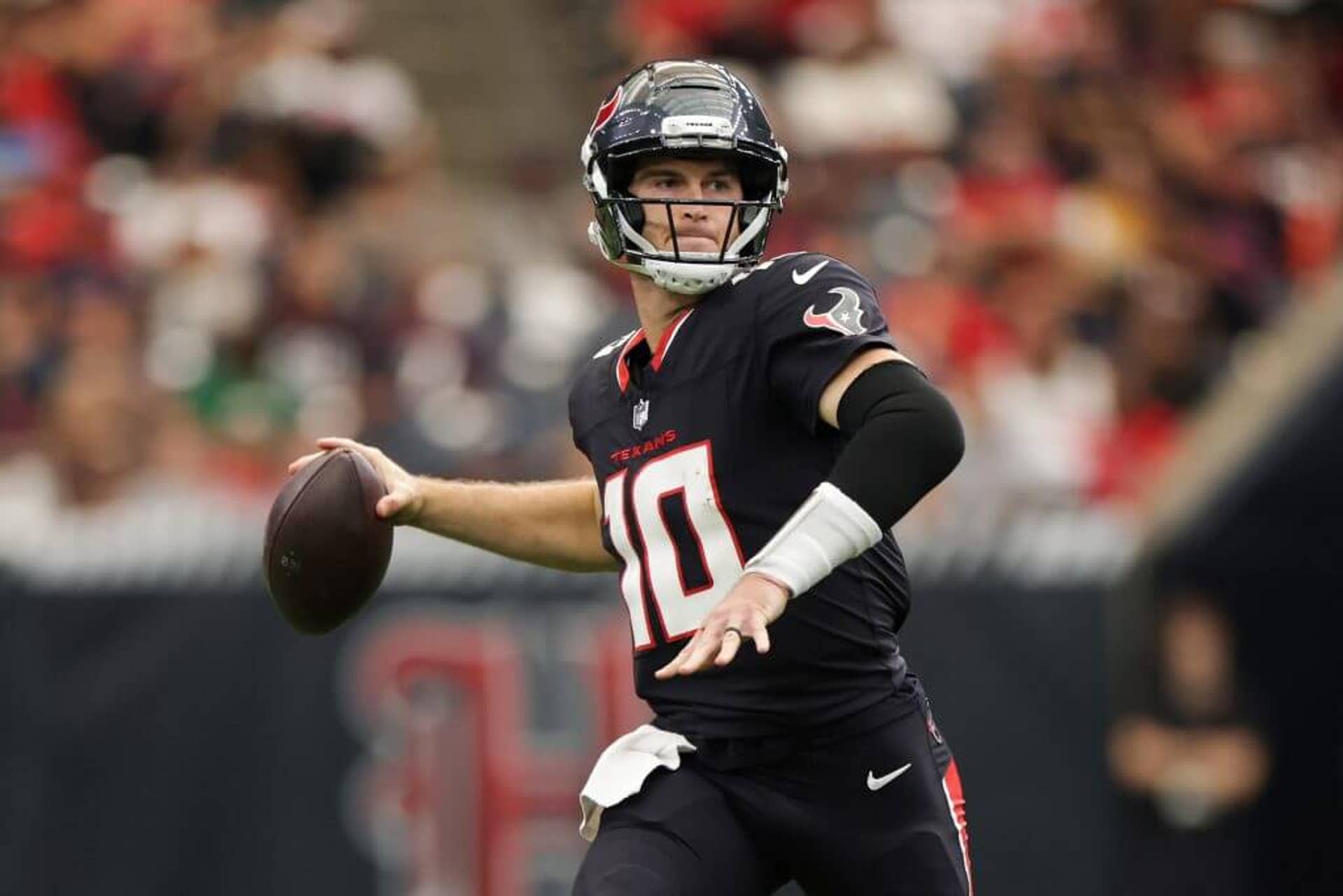 Davis Mills #10 of the Houston Texans makes a pass during the NFL 2025 game between Jacksonville Jaguars and Houston Texans at NRG Stadium on November 09, 2025 in Houston, Texas.