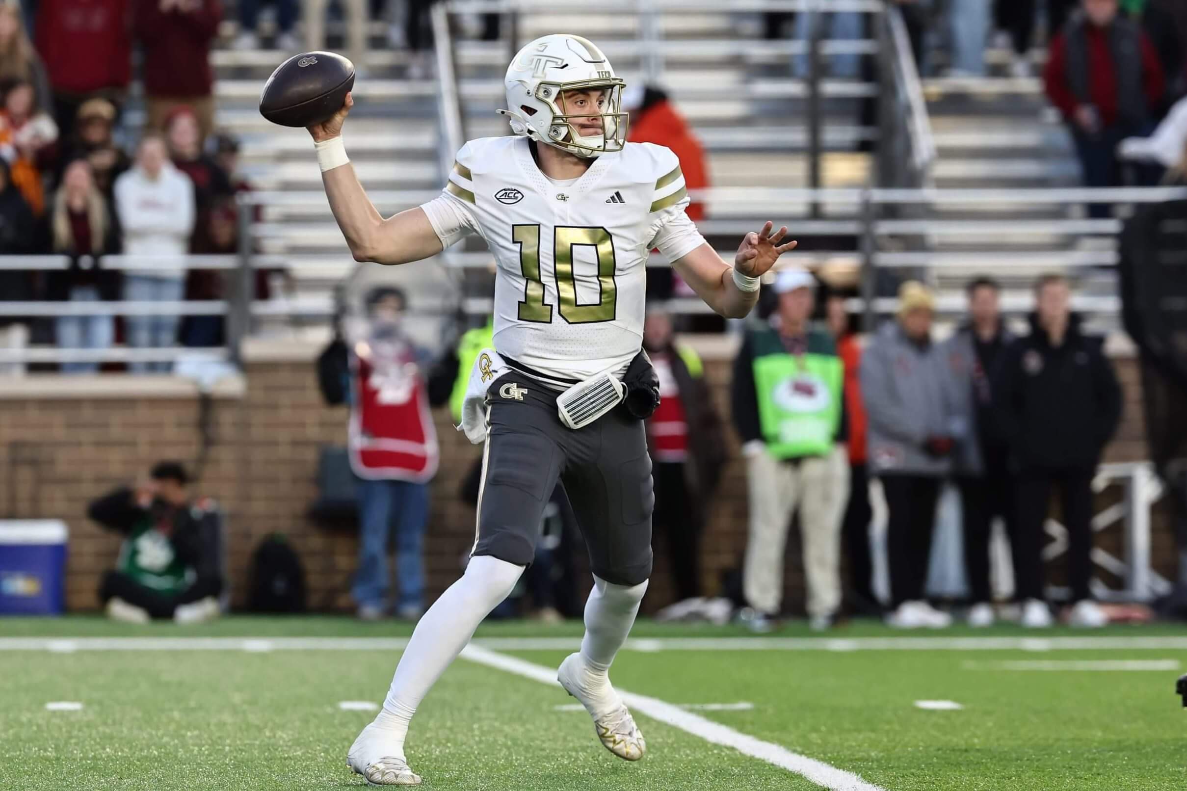 Georgia Tech quarterback Haynes King brings his arm back in preparation for throwing a pass.