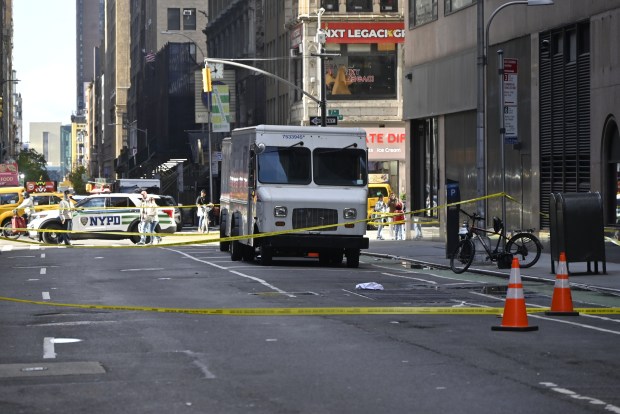 NYPD officers maintain a security cordon after New York Jets NFL cornerback Kris Boyd was shot and critically hurt outside a restaurant in Midtown, Manhattan, New York, United States on November 16, 2025. (Photo by Kyle Mazza/Anadolu via Getty Images)