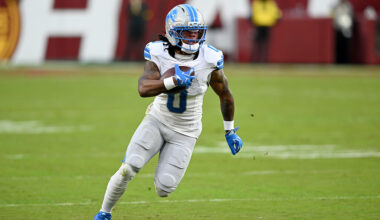 LANDOVER, MARYLAND - NOVEMBER 09: Jahmyr Gibbs #0 of the Detroit Lions rushes the ball against the Washington Commanders at Northwest Stadium on November 09, 2025 in Landover, Maryland. (Photo by G Fiume/Getty Images)