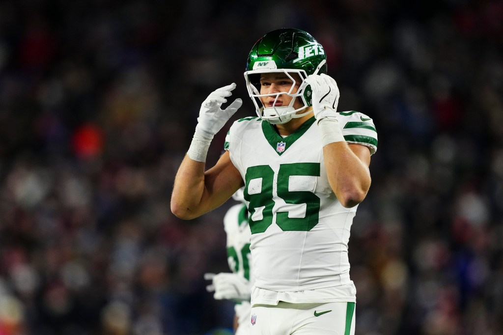 Mason Taylor looks on from the field during an NFL football game against the New England Patriots at Gillette Stadium on November 13, 2025 in Foxborough, Massachusetts.