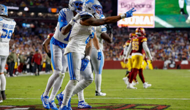 LANDOVER, MARYLAND - NOVEMBER 9: Jahmyr Gibbs #0 of the Detroit Lions celebrates after scoring a touchdown during the NFL 2025 game against the Washington Commanders at Northwest Stadium on November 9, 2025 in Landover, Maryland. (Photo by Lauren Leigh Bacho/Getty Images)