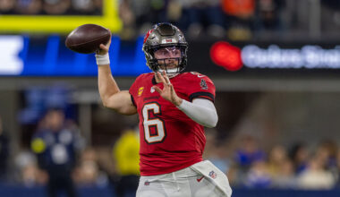 INGLEWOOD, CA - NOVEMBER 23: Tampa Bay Buccaneers quarterback Baker Mayfield (6) looks to throw the ball during the Regular Season game between the Tampa Bay Buccaneers and the Los Angeles Rams on November 23, 2025 at Sofi Stadium in Inglewood, CA. (Photo by Jordon Kelly/Icon Sportswire via Getty Images)