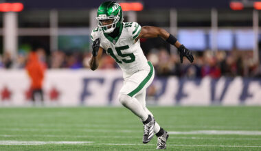 FOXBOROUGH, MASSACHUSETTS - NOVEMBER 13: Adonai Mitchell #15 of the New York Jets runs a route during an NFL football game against the New England Patriots at Gillette Stadium on November 13, 2025 in Foxborough, Massachusetts. (Photo by Logan Bowles/Getty Images)