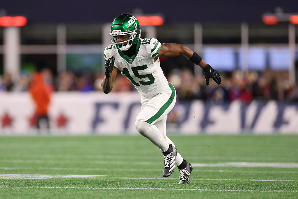 FOXBOROUGH, MASSACHUSETTS - NOVEMBER 13: Adonai Mitchell #15 of the New York Jets runs a route during an NFL football game against the New England Patriots at Gillette Stadium on November 13, 2025 in Foxborough, Massachusetts. (Photo by Logan Bowles/Getty Images)