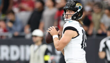 GLENDALE, ARIZONA - NOVEMBER 23: Trevor Lawrence #16 of the Jacksonville Jaguars warms up prior to the game against the Arizona Cardinals at State Farm Stadium on November 23, 2025 in Glendale, Arizona. (Photo by Chris Coduto/Getty Images)
