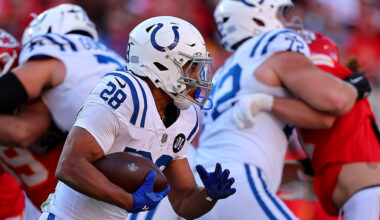 KANSAS CITY, MISSOURI - NOVEMBER 23: Jonathan Taylor #28 of the Indianapolis Colts rushes for yards in the third quarter of the game against the Kansas City Chiefs at Arrowhead Stadium on November 23, 2025 in Kansas City, Missouri. (Photo by David Eulitt/Getty Images)
