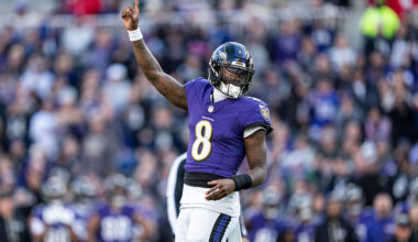 BALTIMORE, MARYLAND - NOVEMBER 23: Lamar Jackson #8 of the Baltimore Ravens celebrates after a touchdown during an NFL football game against the New York Jets at M&T Bank Stadium on November 23, 2025 in Baltimore, Maryland. (Photo by Michael Owens/Getty Images)