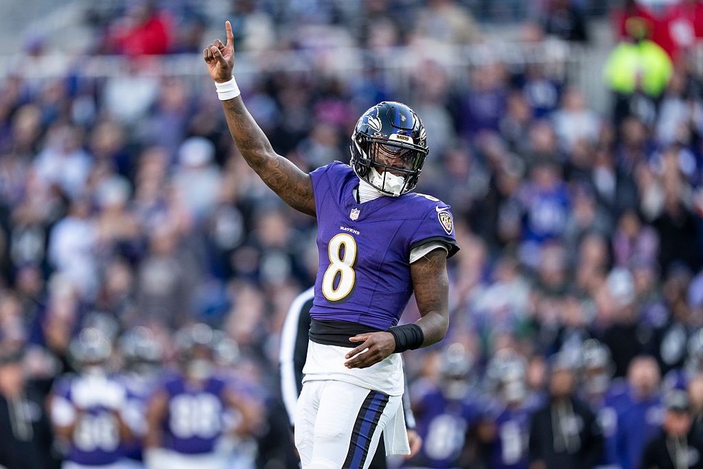 BALTIMORE, MARYLAND - NOVEMBER 23: Lamar Jackson #8 of the Baltimore Ravens celebrates after a touchdown during an NFL football game against the New York Jets at M&T Bank Stadium on November 23, 2025 in Baltimore, Maryland. (Photo by Michael Owens/Getty Images)