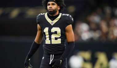 NEW ORLEANS, LOUISIANA - NOVEMBER 23: Chris Olave #12 of the New Orleans Saints looks on from the field during an NFL football game against the Atlanta Falcons at Caesars Superdome on November 23, 2025 in New Orleans, Louisiana. (Photo by Perry Knotts/Getty Images)