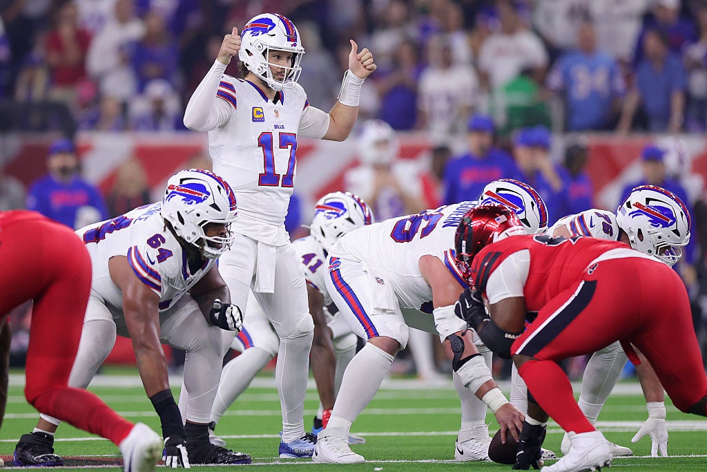 HOUSTON, TEXAS - NOVEMBER 20: Josh Allen #17 of the Buffalo Bills gestures down field during the first half against the Houston Texans at NRG Stadium on November 20, 2025 in Houston, Texas.  (Photo by Alex Slitz/Getty Images)