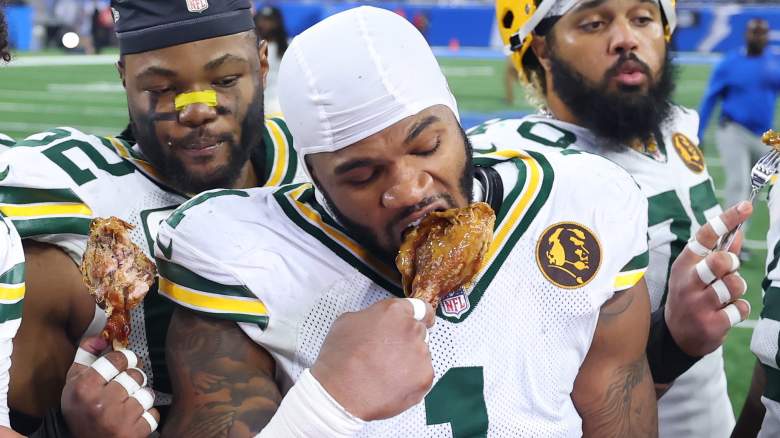 DETROIT, MICHIGAN - NOVEMBER 27: Micah Parsons #1 of the Green Bay Packers takes a bite out of turkey leg after the game against the Detroit Lions at Ford Field on November 27, 2025 in Detroit, Michigan. (Photo by Gregory Shamus/Getty Images)