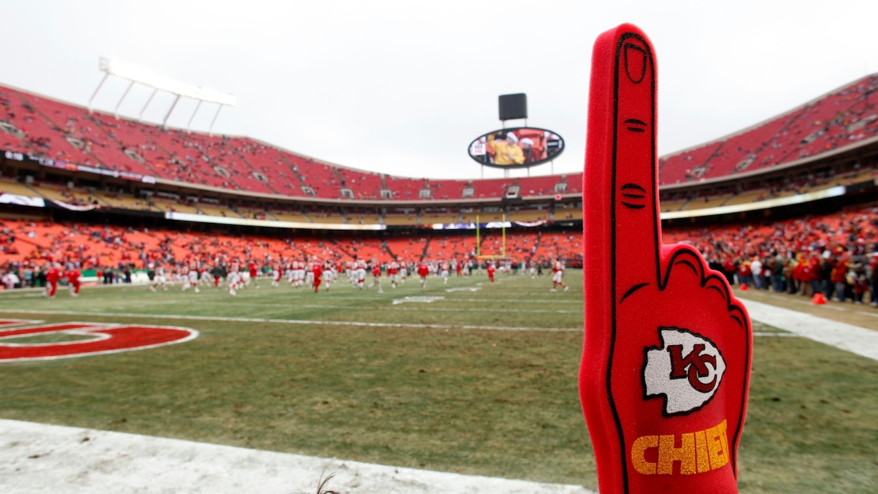A foam finger is seen at Arrowhead Stadium before an NFL football game between the Kansas City Chiefs and the Buffalo Bills  n Kansas City, Mo.