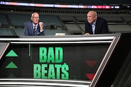 ESPN host Scott Van Pelt, left, and sports betting analyst Steve Coughlin broadcast from the...