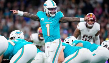 Miami Dolphins quarterback Tua Tagovailoa shouted out instructions during the second half against the Washington Commanders in Madrid, Spain, on Sunday.