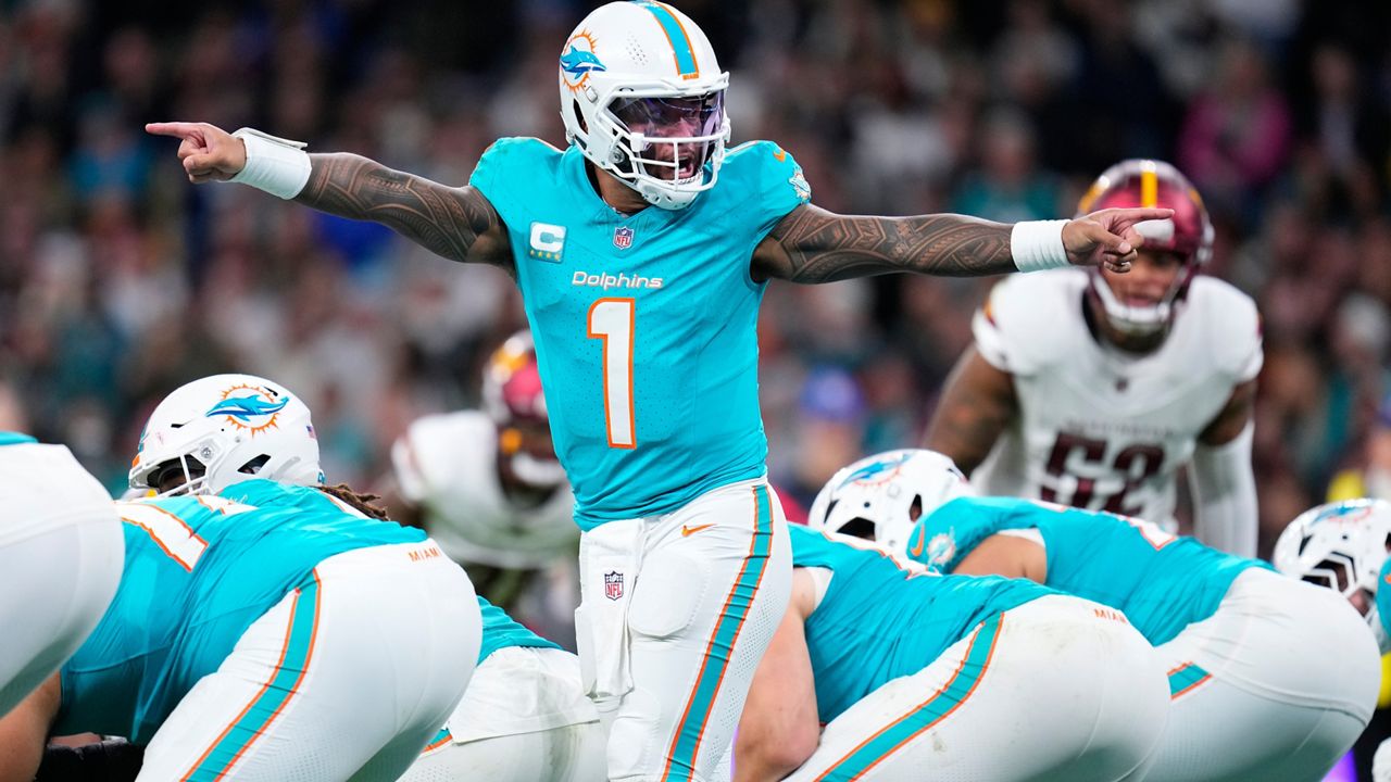 Miami Dolphins quarterback Tua Tagovailoa shouted out instructions during the second half against the Washington Commanders in Madrid, Spain, on Sunday.