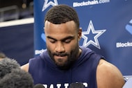 Dallas Cowboys defensive tackle Solomon Thomas (90) speaks to the press about Marshawn...