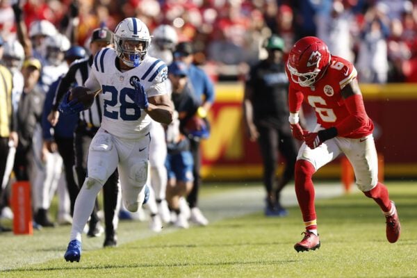Indianapolis Colts at Kansas City Chiefs NFL football game in Missouri in November of 2025.