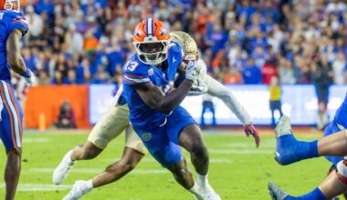 Florida Gators running back Jadan Baugh (13) runs during the first quarter against the Florida State Seminoles at Ben Hill Griffin Stadium.