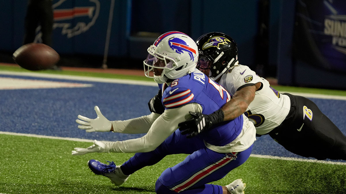 Buffalo Bills wide receiver Joshua Palmer gets held by Baltimore Ravens cornerback Jaire Alexander while trying to catch the pass during the second half of their game against the Baltimore Ravens at Highmark Stadium in Orchard Park on Sept. 7, 2025.