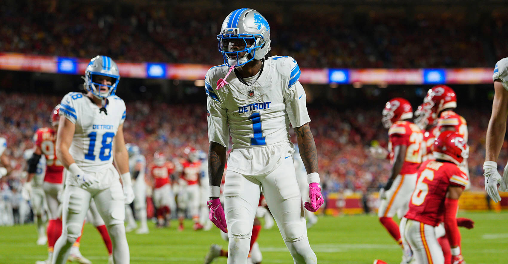 Oct 12, 2025; Kansas City, Missouri, USA;Detroit Lions wide receiver Jameson Williams (1) reacts after catching a touchdown pass against the Kansas City Chiefs during the first half at GEHA Field at Arrowhead Stadium. Mandatory Credit: Jay Biggerstaff-Imagn Images