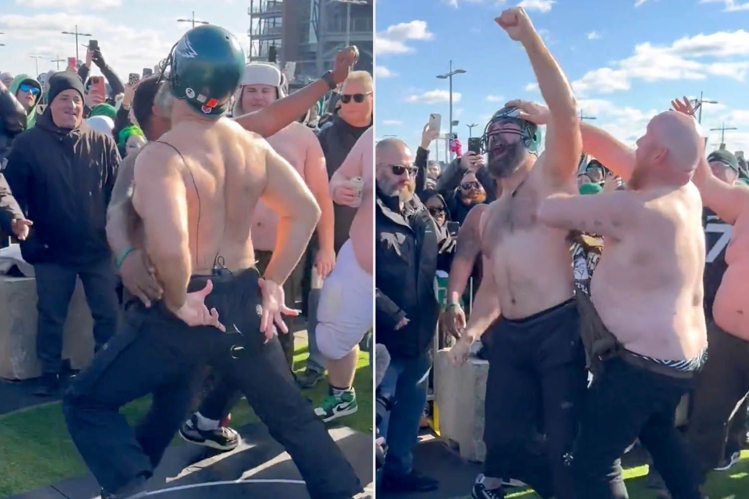 Shirtless Jason Kelce Named ‘Belly Bucking Champion’ at Eagles Tailgate Party