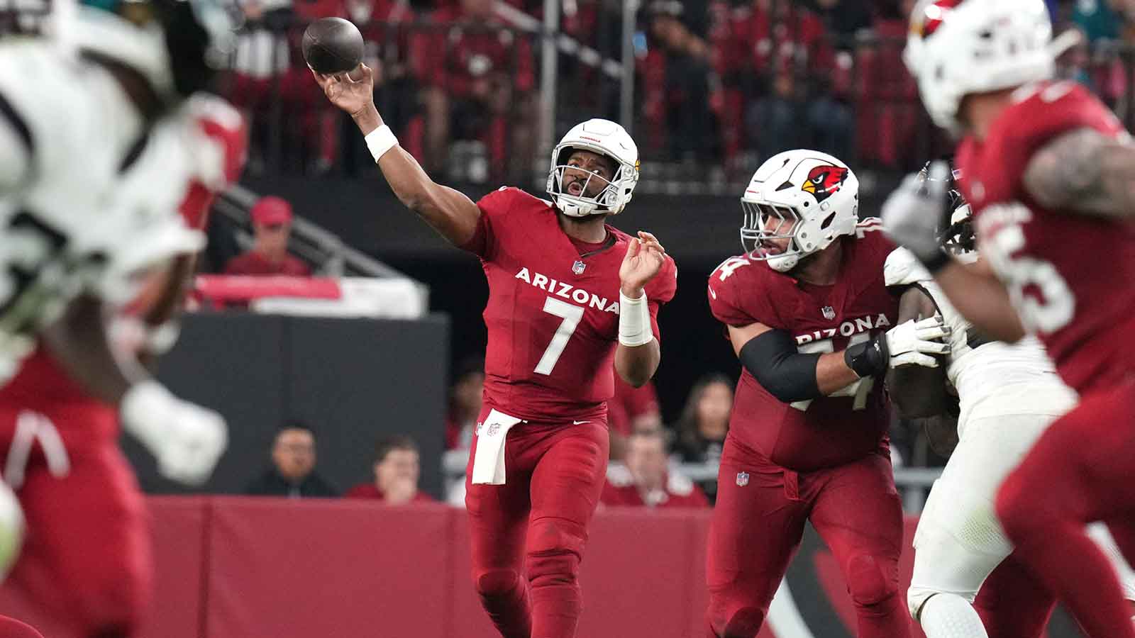 Arizona Cardinals quarterback Jacoby Brissett (7) throws the ball against the Jacksonville Jaguars at State Farm Stadium on Nov. 23, 2025.