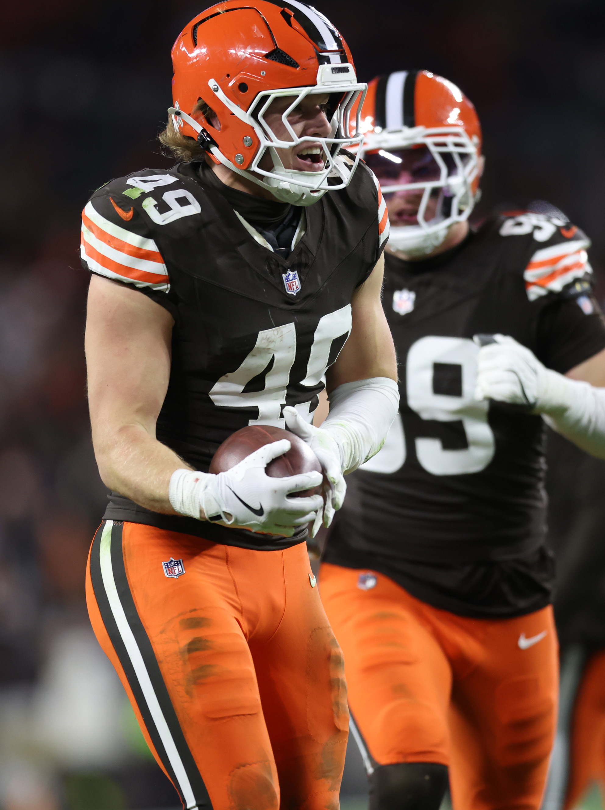Cleveland Browns linebacker Carson Schwesinger celebrates his third quarter interception against the Baltimore Ravens.  