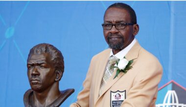 Legendary former Seattle Seahawks safety Kenny Easley poses with his bust during the Pro Football H...