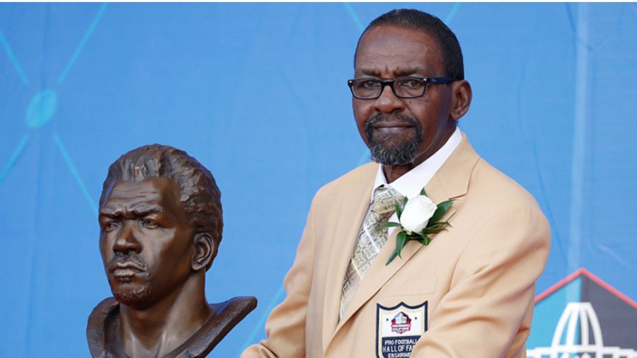 Legendary former Seattle Seahawks safety Kenny Easley poses with his bust during the Pro Football H...
