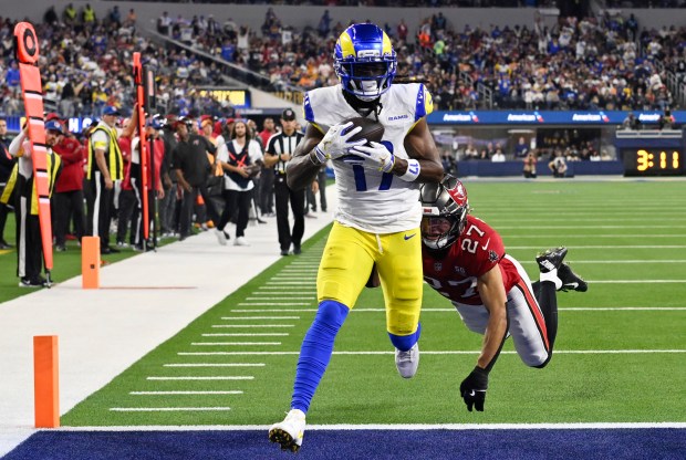 Wide receiver Davante Adams (17) of the Rams catches a...