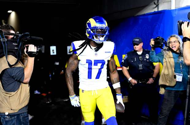 Wide receiver Davante Adams (17) of the Rams reacts after...