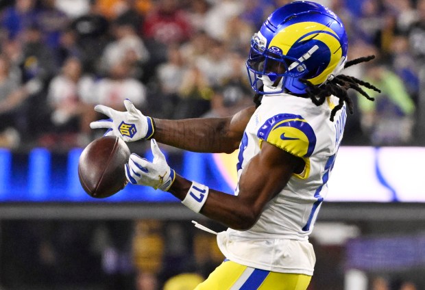 Wide receiver Davante Adams (17) of the Rams drops a...