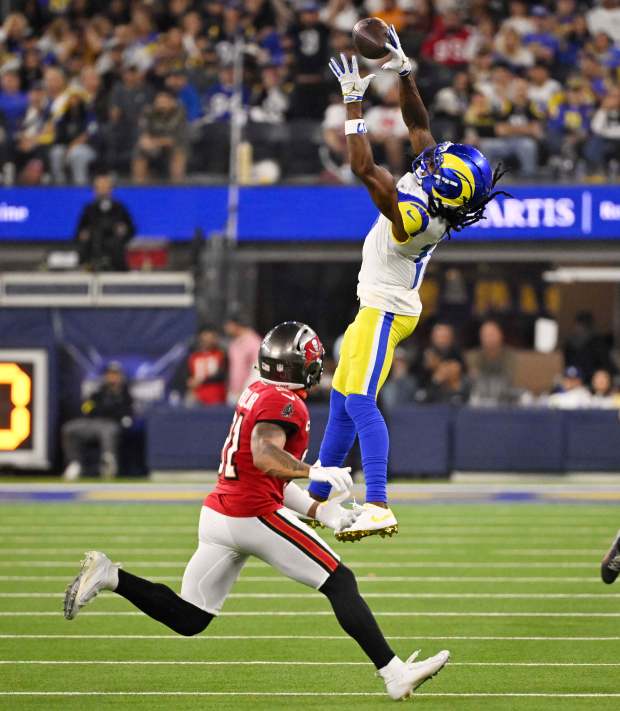 Wide receiver Davante Adams (17) of the Rams catches a...
