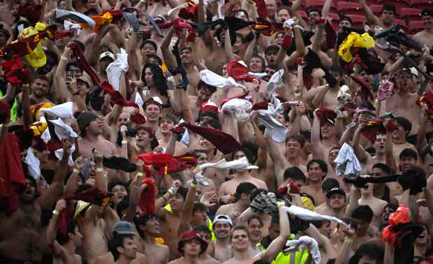 USC Trojans fans celebrates after a touchdown against the Iowa Hawkeyes in the second half of a NCAA football game at the Los Angeles Memorial Coliseum in Los Angeles on Saturday, Nov. 15, 2025. (Photo by Keith Birmingham, Pasadena Star-News/ SCNG)